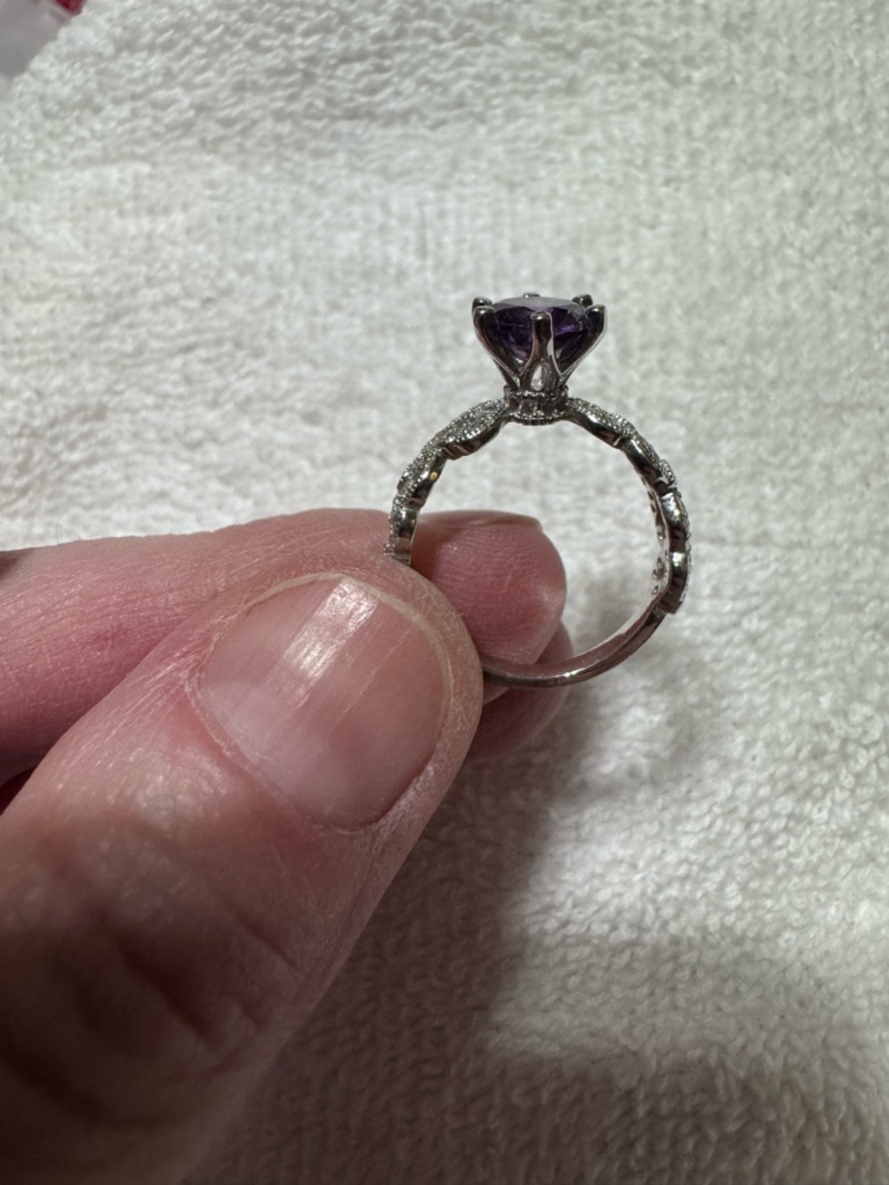 Silver tone Ring with Purple Gemstone and Pavé Band